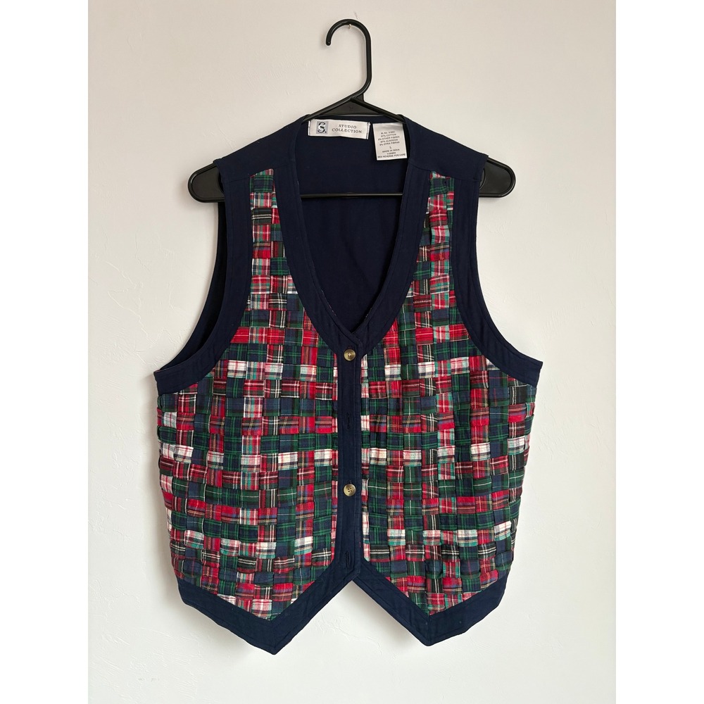 Vintage 90s Button Front Woven Plaid Vest Eclectic Grandpa‎ Grannycore Festive